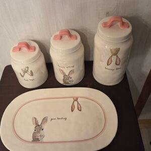 Rae Dunn Bunny Themed Ceramic Canister and Tray Set